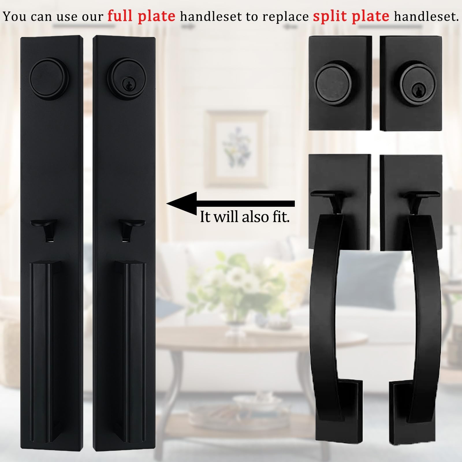 Tmc Double Door Handlset For Front Door In Matte Black Keyed Entry Handle And