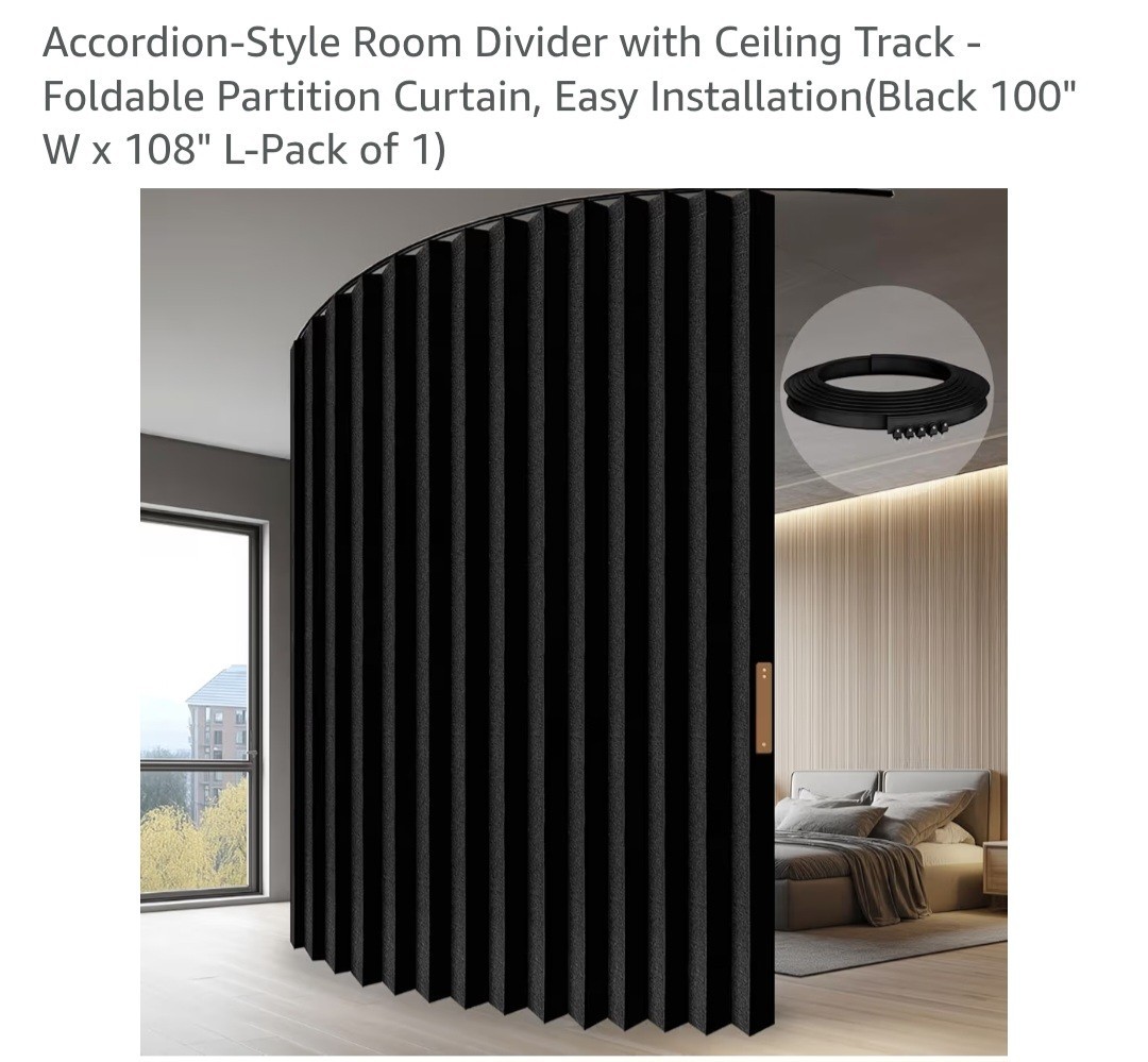 Jilron Room Divider Curtain-Black Fabric-100″x108″-Flexible Curtain Track-NEWSLD