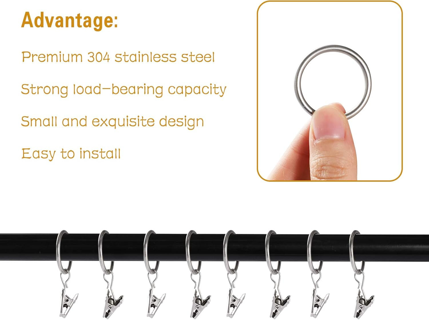 44 Pack Curtain Rings with Clips Hooks 1 Inch Matte Silver Metal Stainless