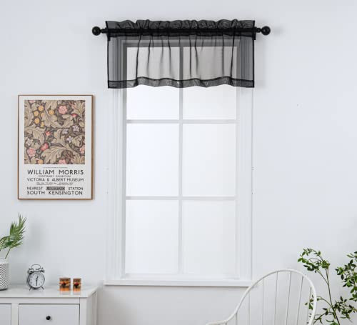 Sheer Valance Tier Curtains 18 inch Length, 52″W x 18″L (Pack of 2) Black