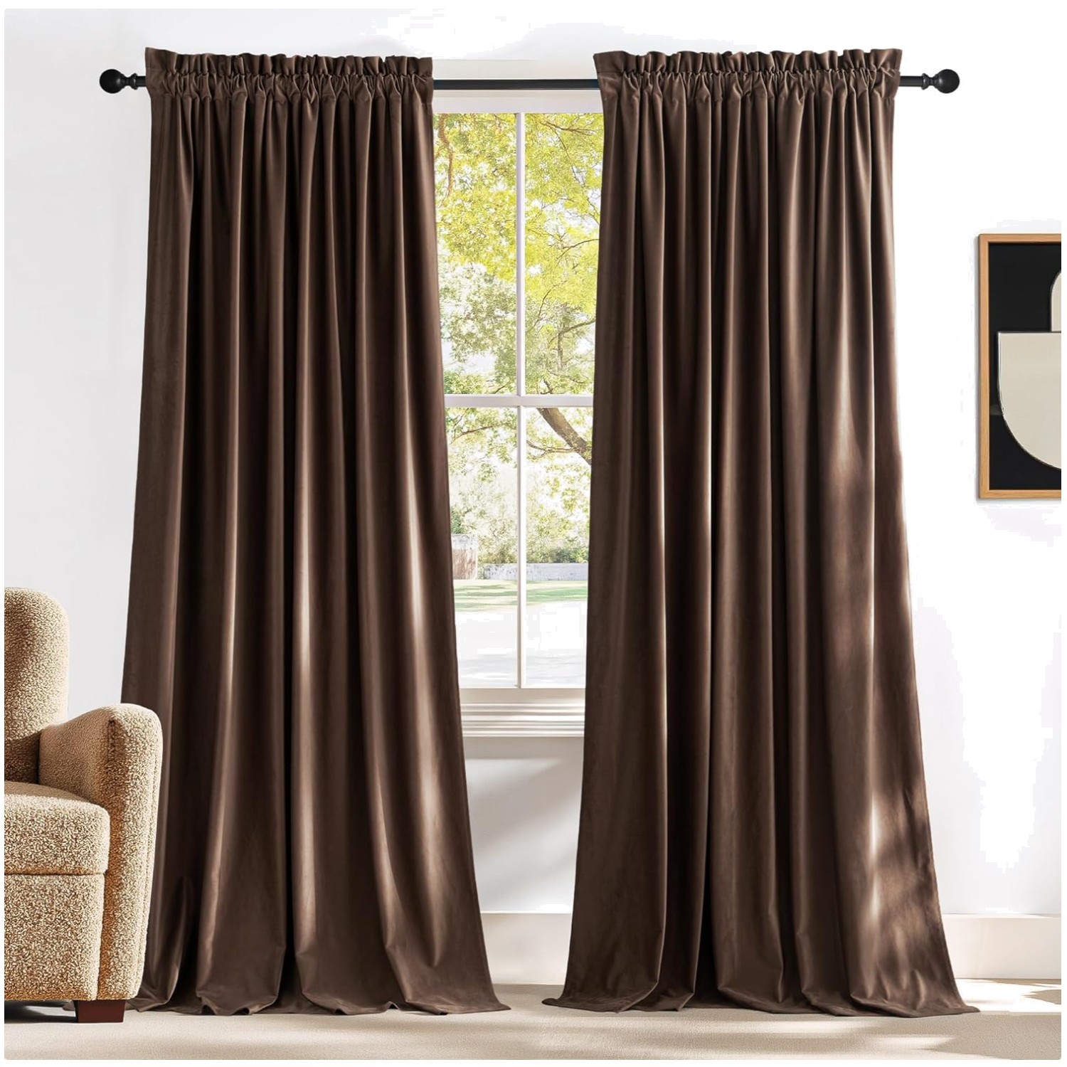 Sophisticated Brown Velvet Light Blocking Curtains 90” Long, Perfect for Rooms