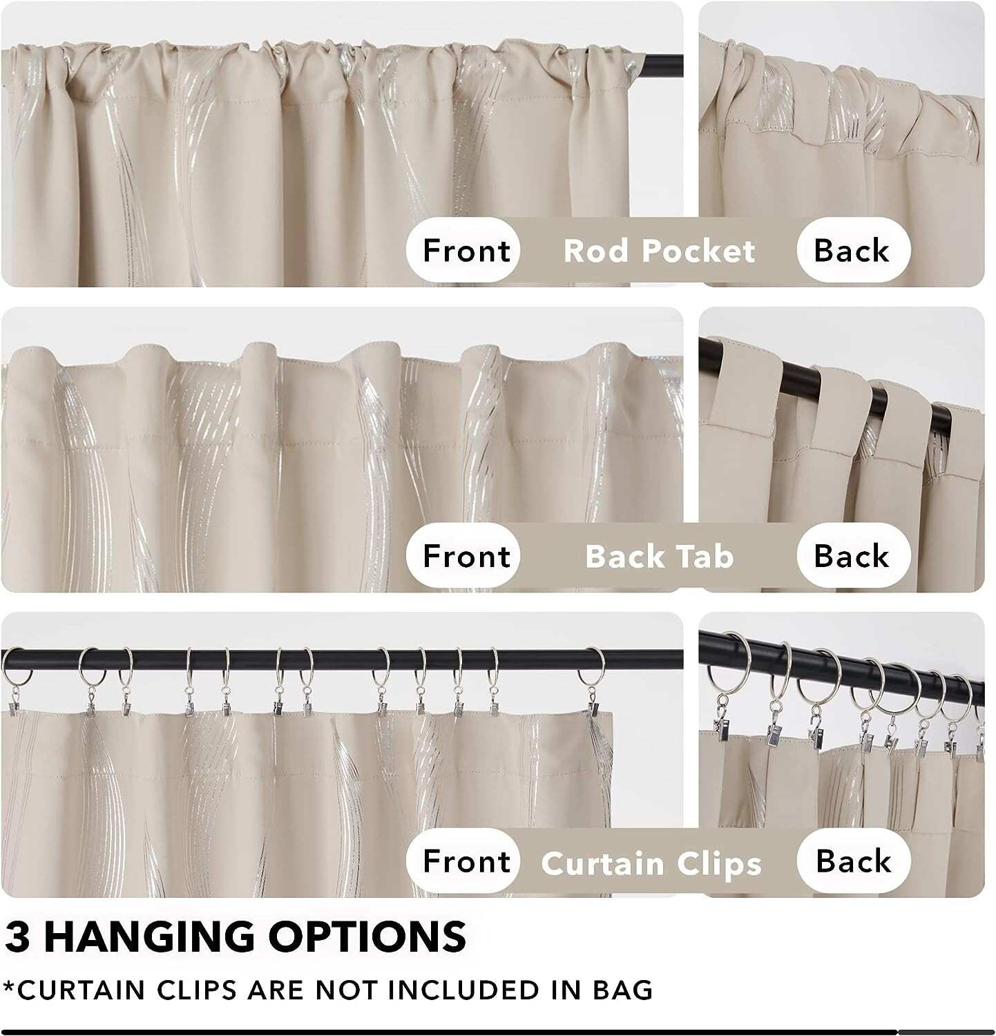 Deconovo Total Blackout Curtains 52″L x 45″W 2 Panels (Light Beige/Silver) Drape