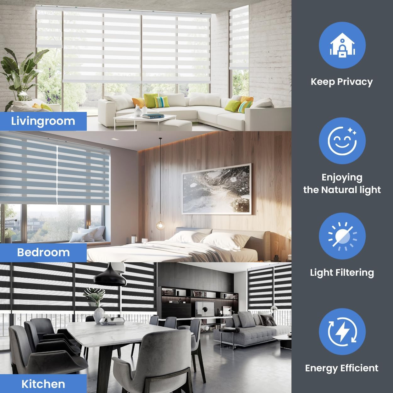 Day Night Zebra Blinds, Dual Layer Roller Shades, 44×64 Inch, White