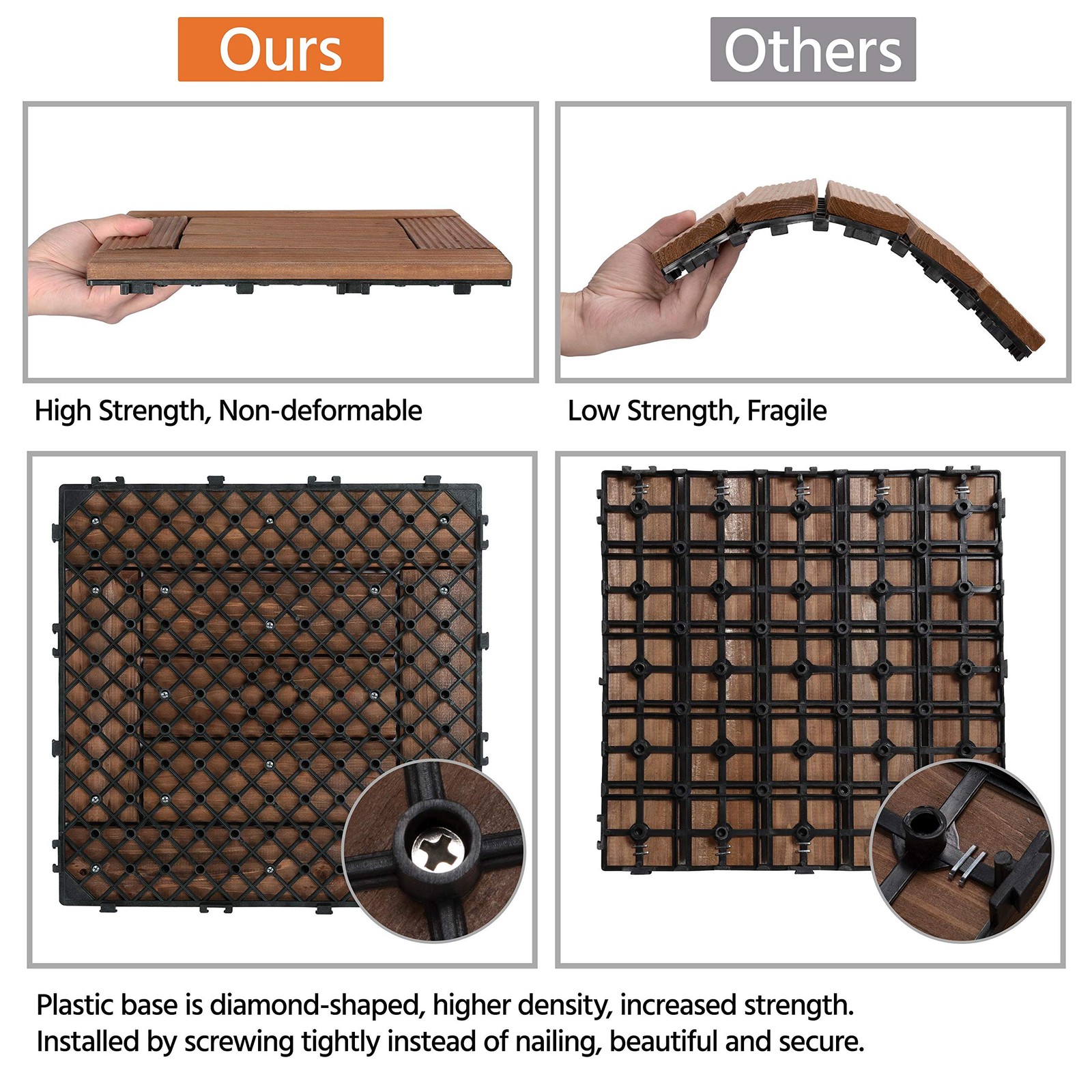 27PCS Patio Deck Tiles Interlocking Wood Decking Floor Tiles 12 x 12in Brown