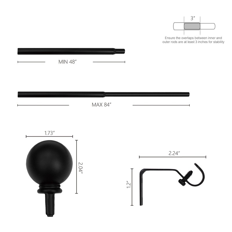 1/2 Inch Ball Curtain Rod Set Adjustable 48 to 84 Inch Steel Hardware Included