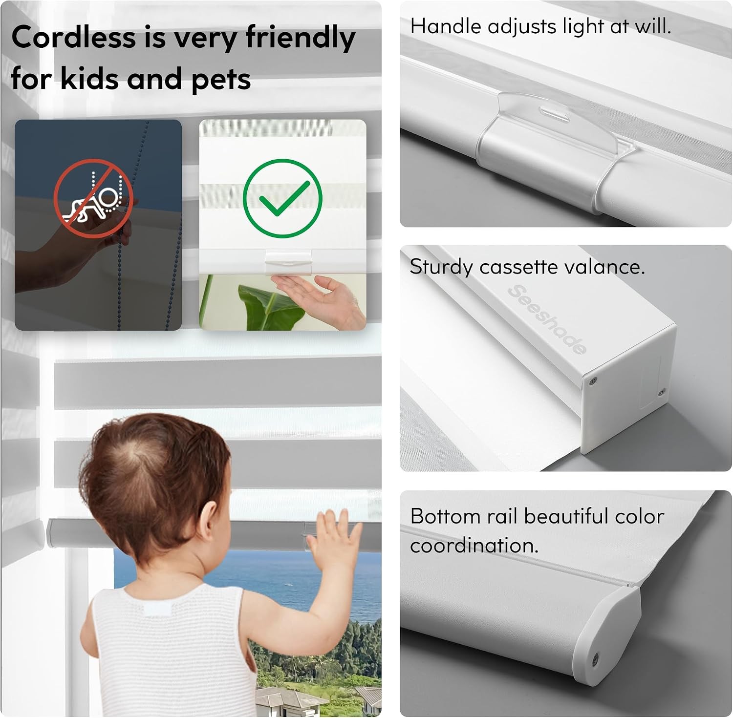 Cordless Zebra Blinds for Windows –(35″ W x 64″ H,White) Dual Layer Fabric