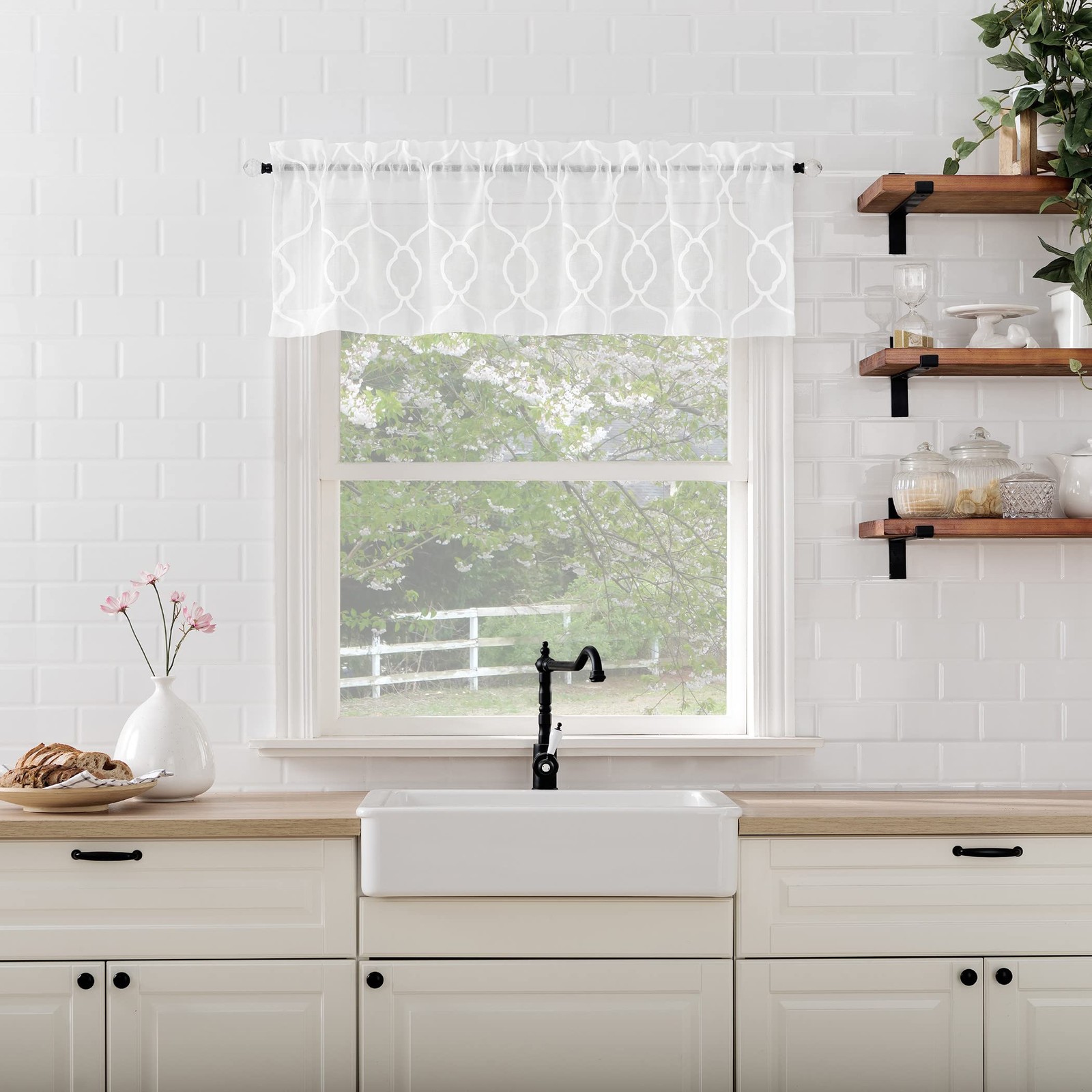 Allerton Embroidered Trellis Semi-Sheer Rod Pocket Kitchen Curtain Valance an…