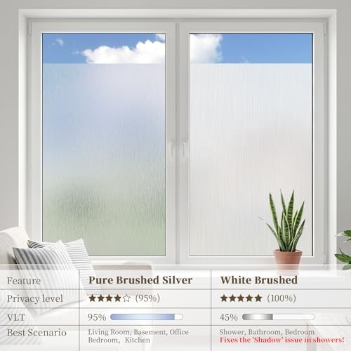 Frosted Window Privacy Film – Brushed Silver Static Cling 17.5″W x 78.7″H Pure