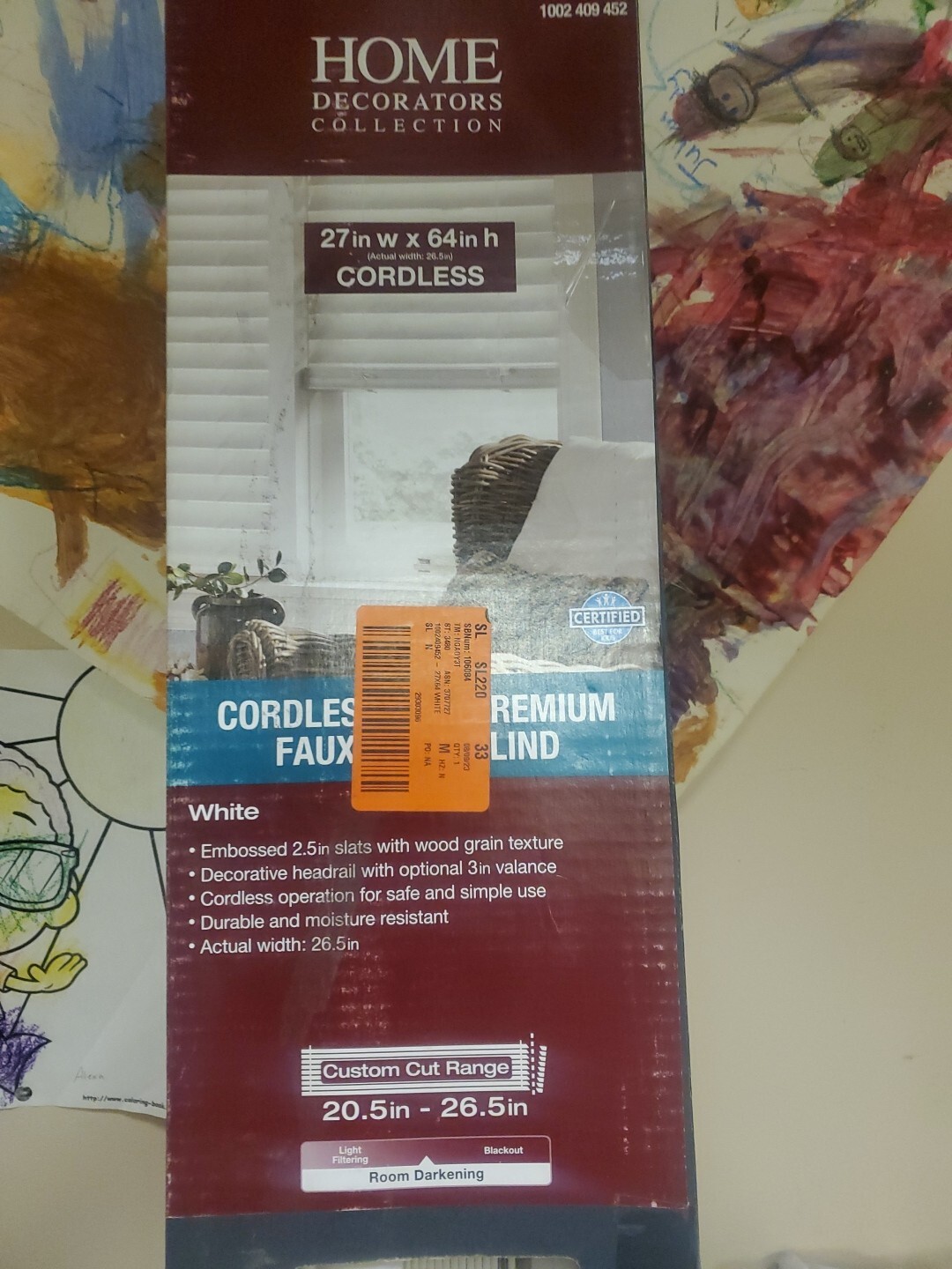 27″ X 64″ Home Decorators White Cordless 2 1/2″ Premium Faux Wood Blinds Rm Dark