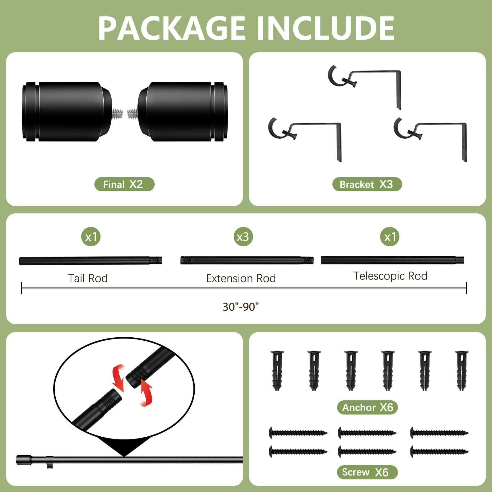 5/8” Diameter Curtain Rods 30-90 Inch, for 30-84 Inch 30-90″/1 Pack, Black