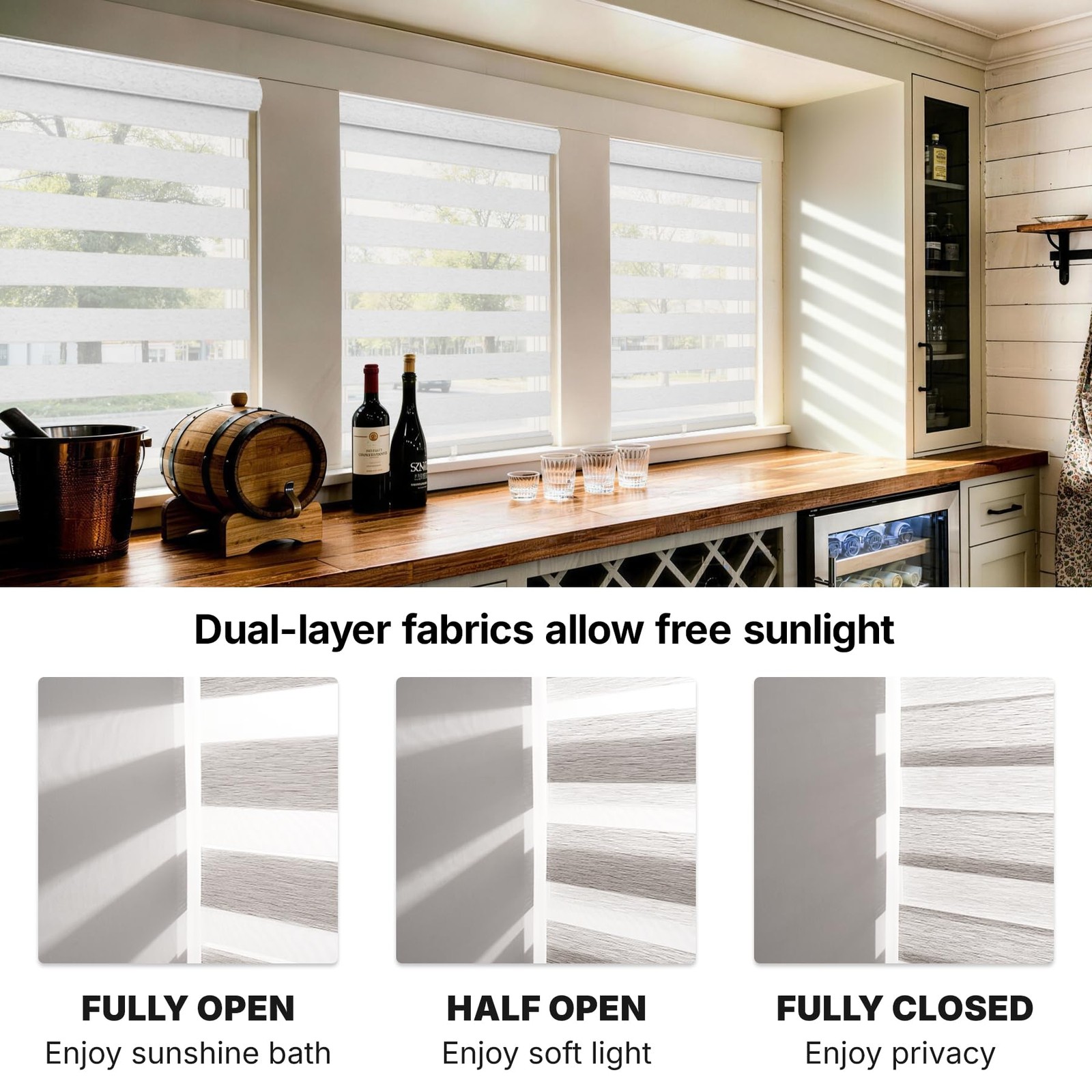 Cordless Light Filtering Zebra Blinds, White, 34″ W x 54″ H