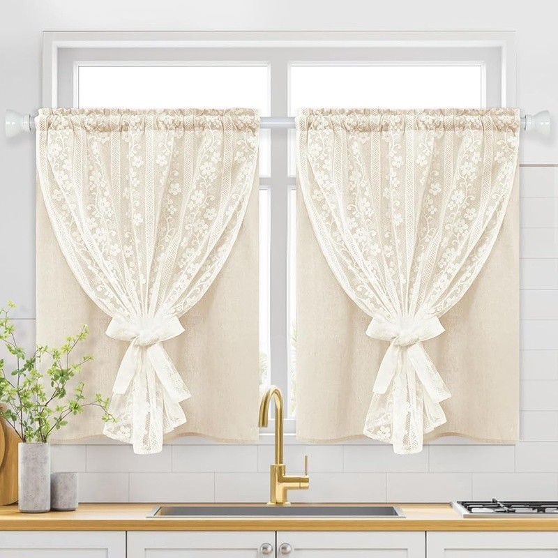 Double Layer Kitchen Curtains Lace Linen Tieback Panels Light Filtering Privacy