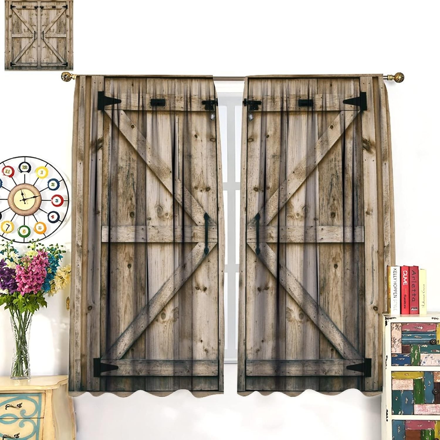 Rustic Wooden Barn Door Blackout Windows Curtains, Old Wooden Door with Planks