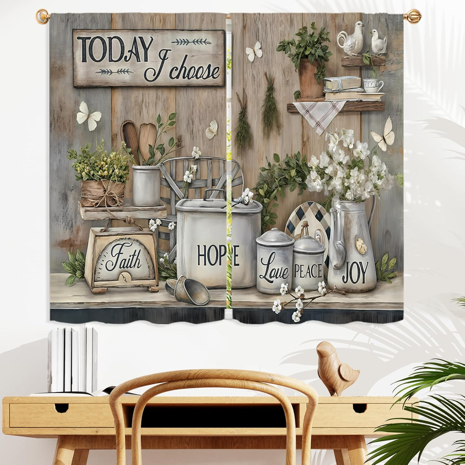 Rustic Farmhouse Kitchen Curtains 27.5W X 39L Inch 2 Panel Rod Pocket Vintage Ta