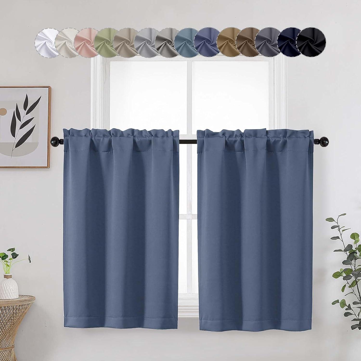 Denim Cafe Blackout Curtains Tier 36 Inch Length 2 Panels, Soft Solid Thermal In