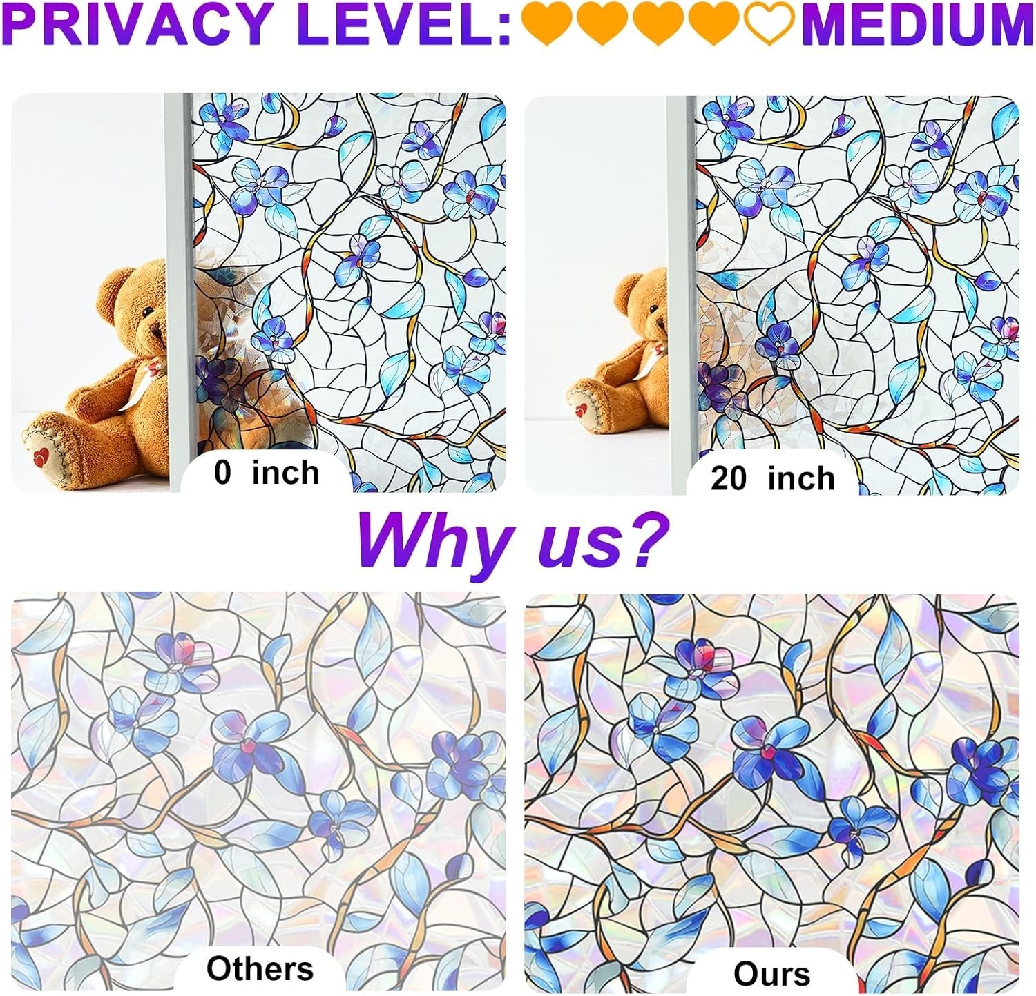 Rainbow Window Privacy Film,Heat Control,UV Blocking,Anti-Glare,Day & Night P…