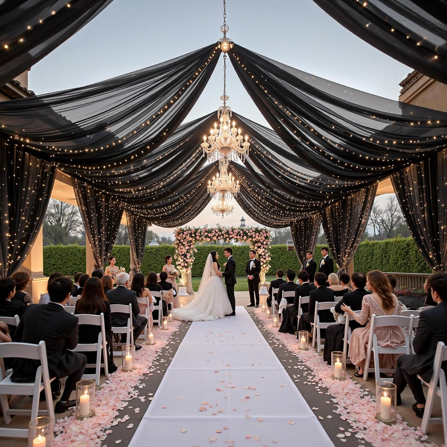 Black Ceiling Curtains with Lights – 6 Panels Tulle Drapes for Weddings 5x20ft