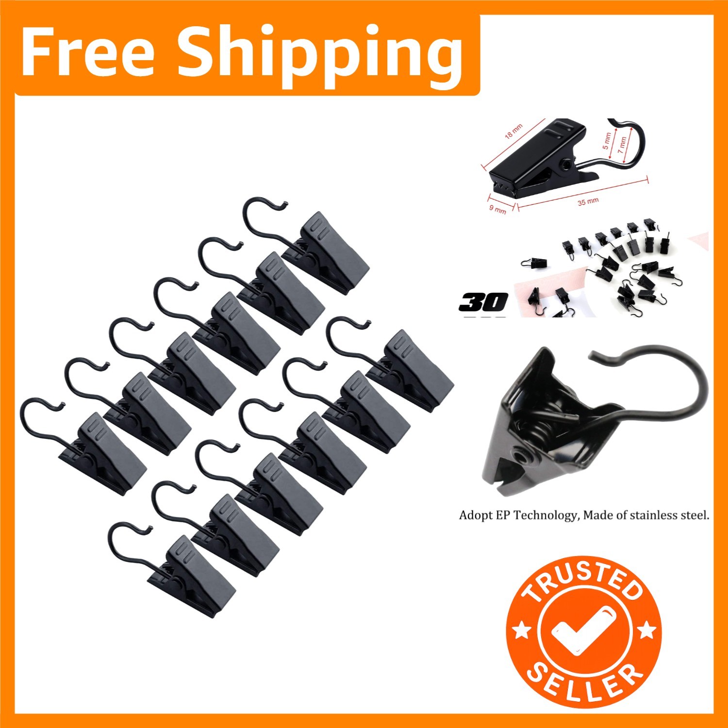 Sturdy Rust-Resistant Black Clips – 30-Pack for Decoration & Organization