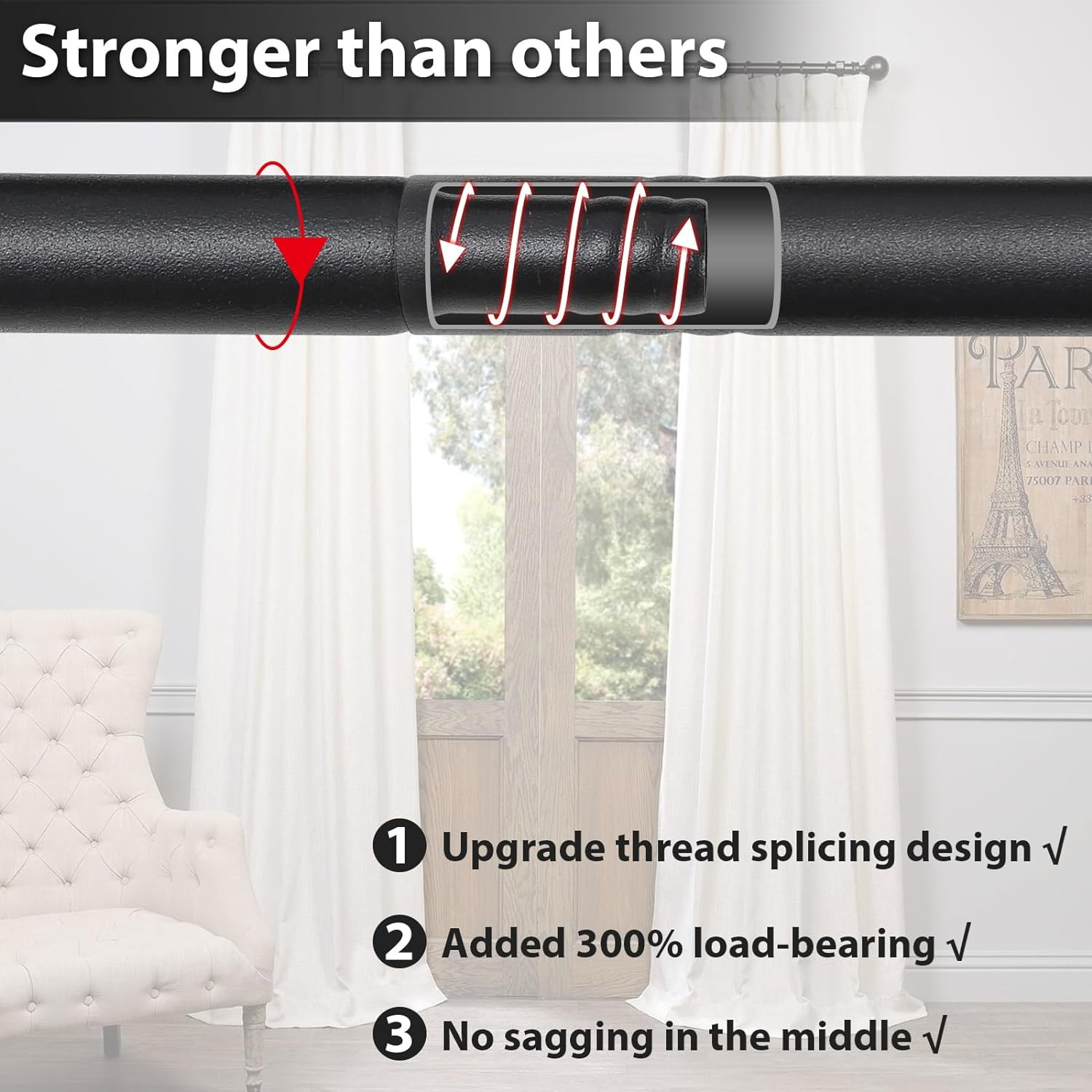 For Window size 36″-62″ in long Matte Black metal Window Curtain Rod post holder