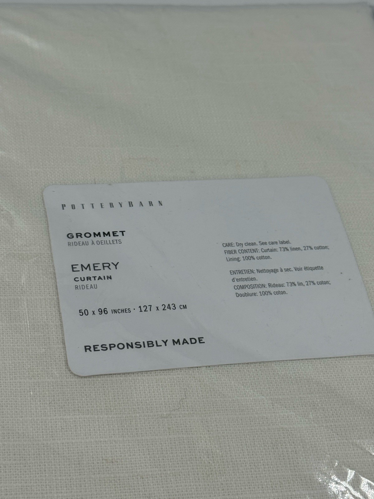 Set/2 Pottery Barn 50×96 Emery Linen Bronze Grommet Curtain, Ivory, Light Filter