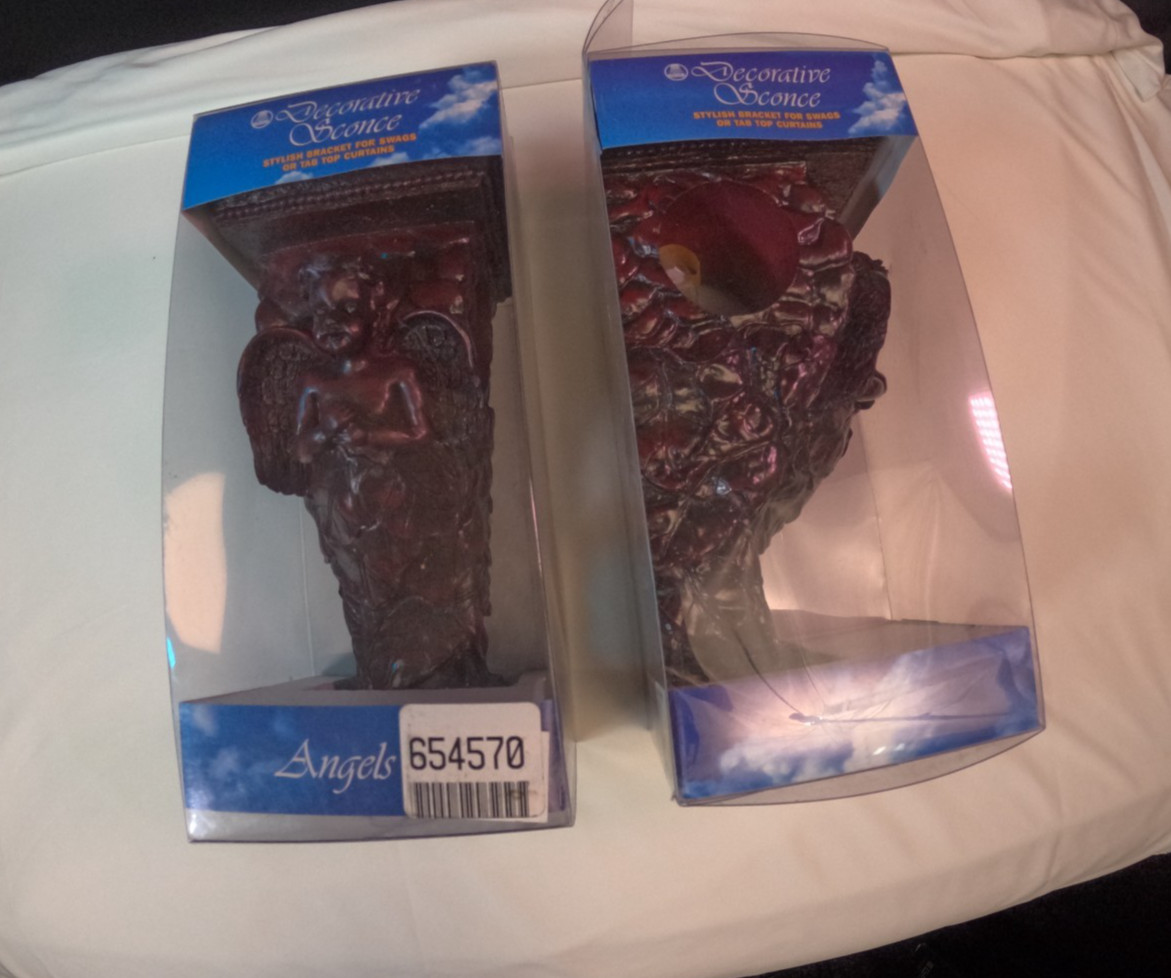 2PC DECORATIVE SCONCE ANGELS/CHERUBS BRACKET SET FOR SWAGS/TAB TOP CURTAINS-9.5”