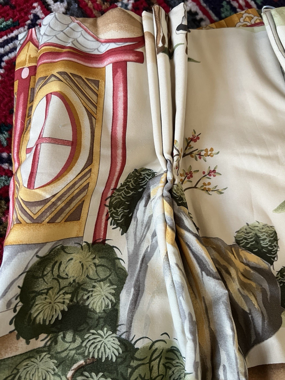 Custom triple pleat drapes Scalamandre Shanghai traditional chinoiserie