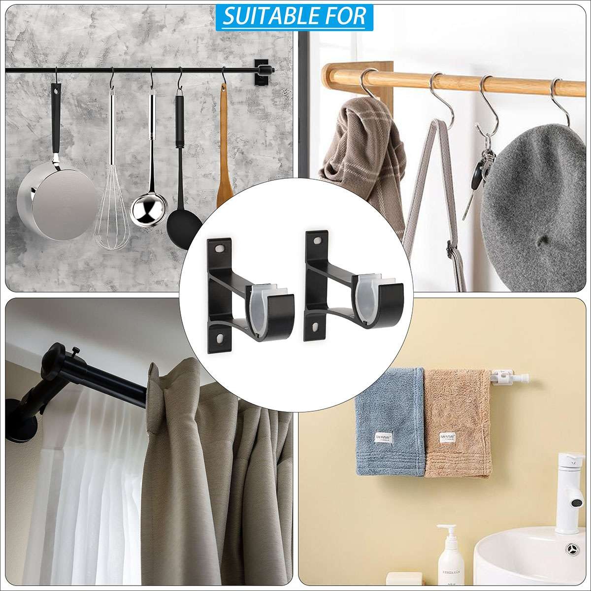2/4/6 Aluminum Alloy Single Curtain Rod Brackets Window Wall Holders for Drapery