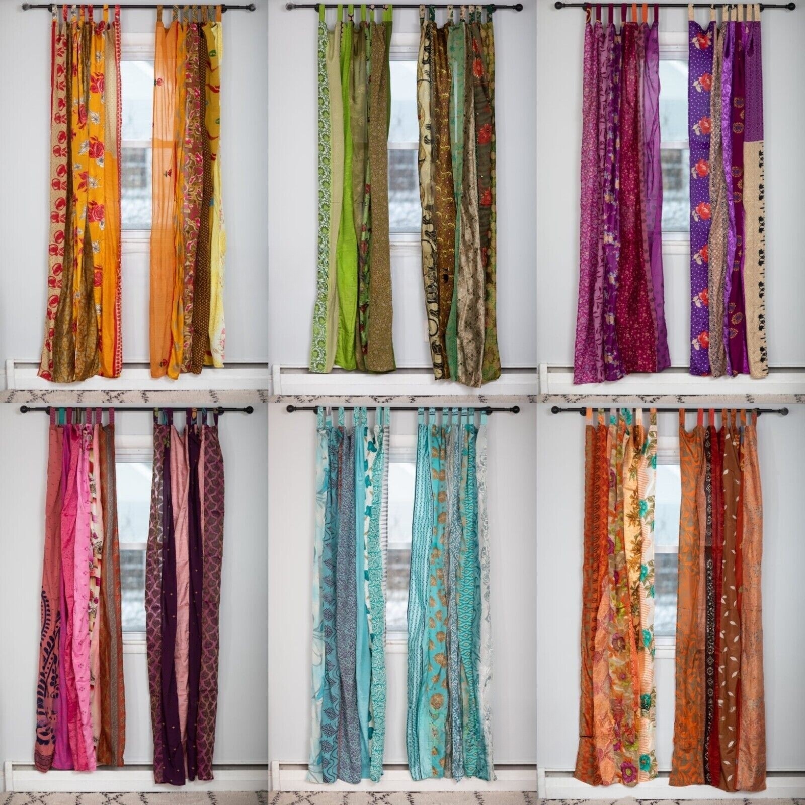 Indian Sari Patchwork Curtain Drape Handmade Window Decor Silk Sari Boho Curtain