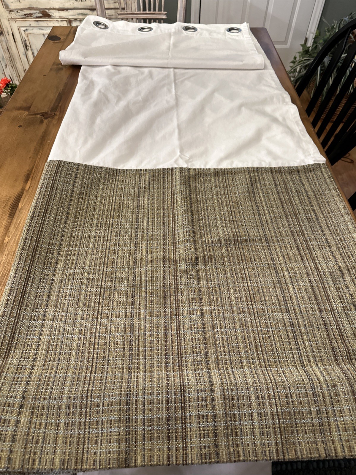 2 IKEA Curtain Panels Green Tweed & White Canvas Mid Century 100% Cotton 53×93