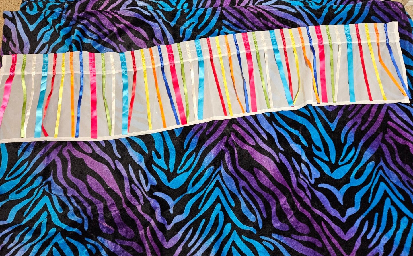 UNBRANDED, WHITE/MULTI-COLORED POLYESTER SATIN HANGING RIBBONS VALANCE 60″ WIDE