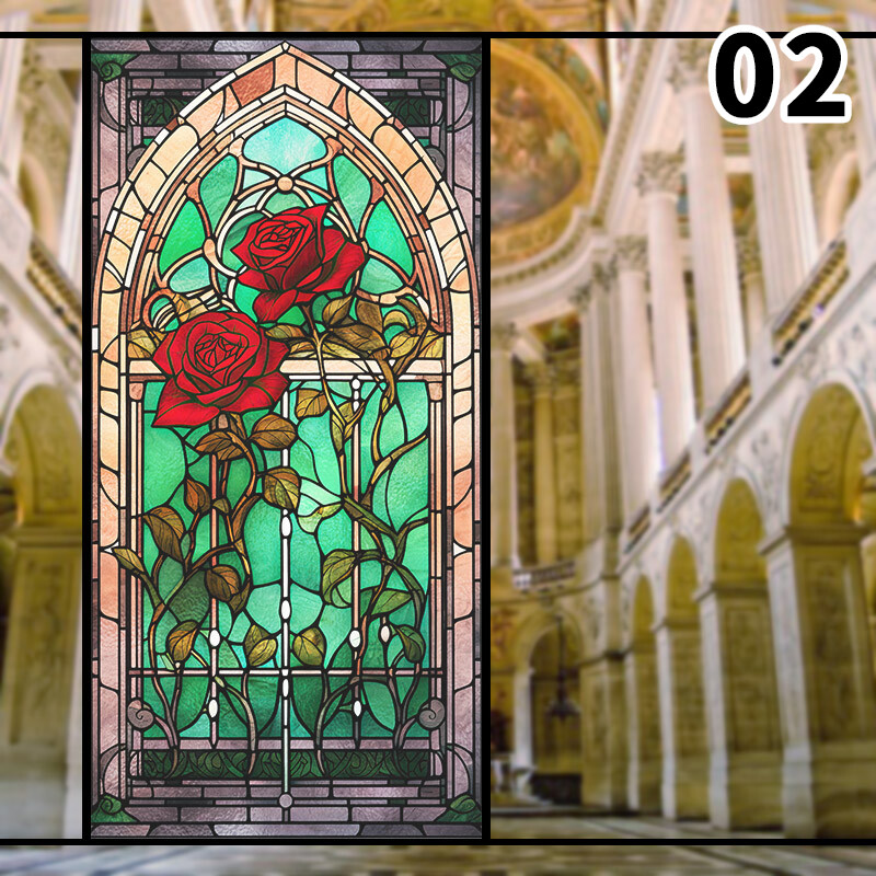 Retro Rose Stained Glass Film Frosted Window Sticker Bathroom Office Decor