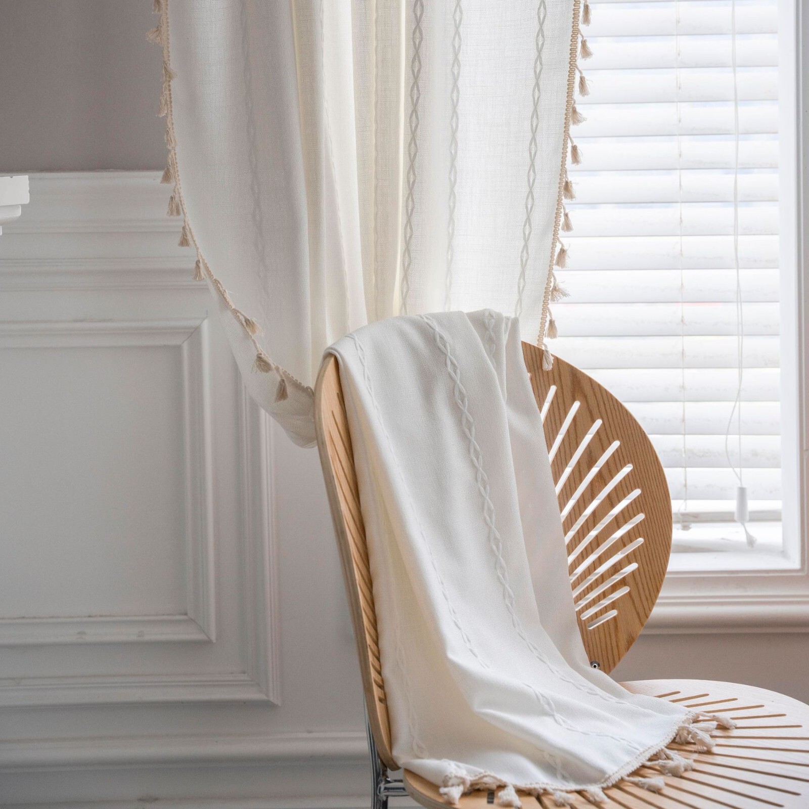 Rustic Striped Embroidered Curtain Window Drapes Panel Farmhouse Boho Home Decor