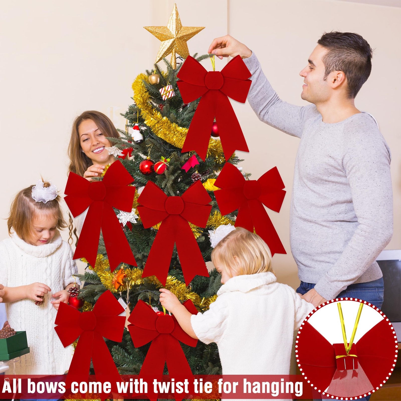 6 PCS Large Red Velvet PVC Hanging Christmas Bows, 9 x 12 Inches – Indoor/Out…