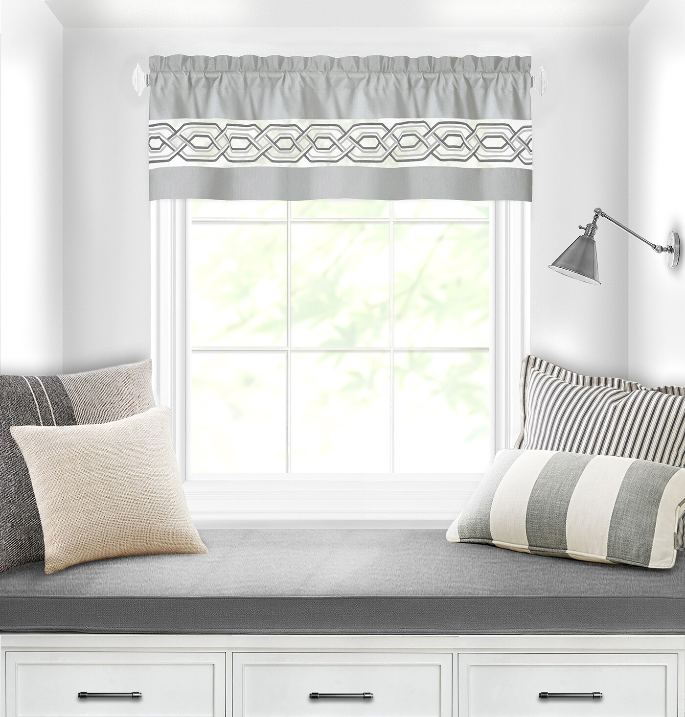 Contemporary Clean Two-Tone Embroidered Window Curtain Set, Silver