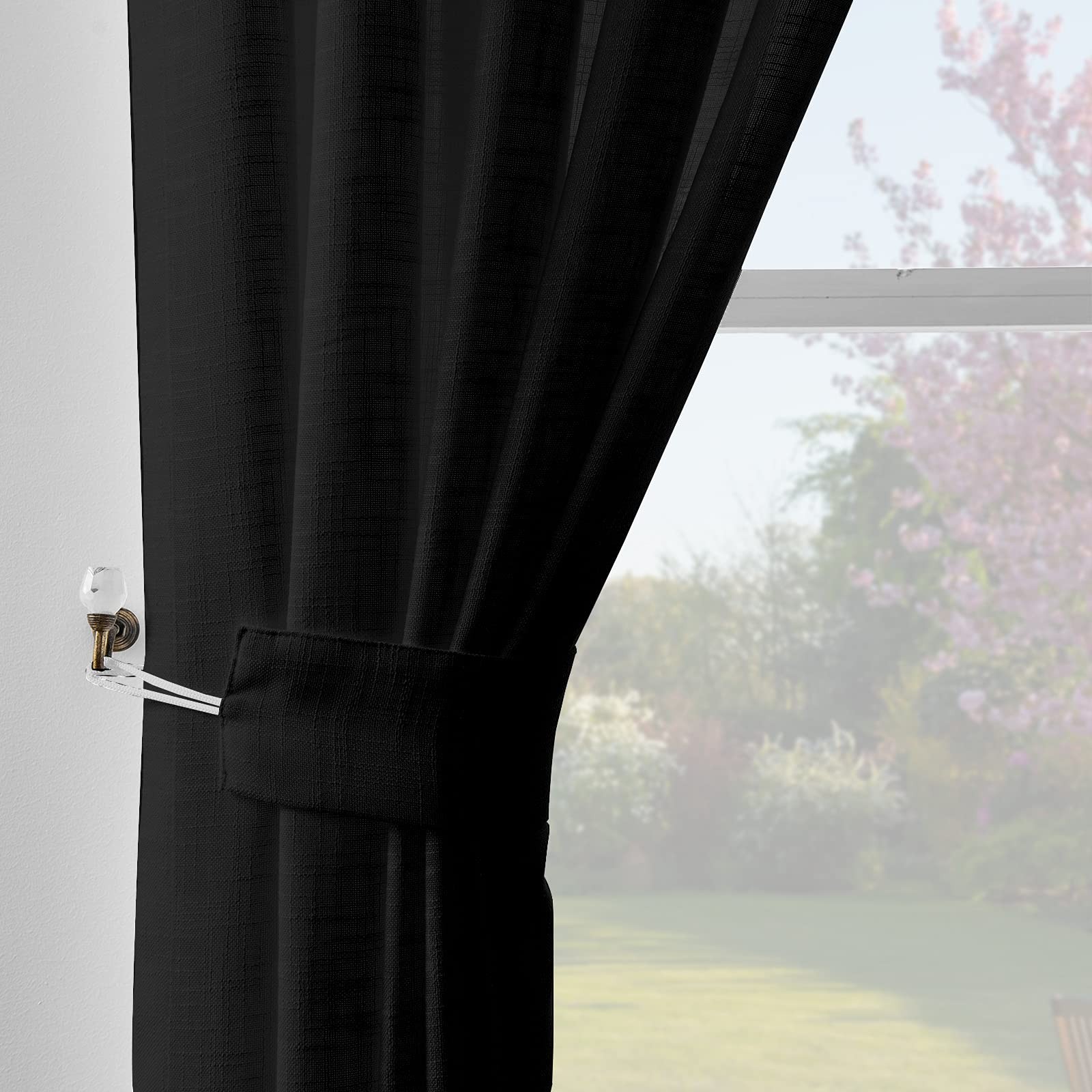 Melodieux Black Linen Textured Semi Sheer Curtains 63 Inch Length For Bedroom