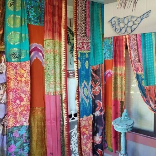 2Pc Indian Sari Patchwork Curtain Drape Window Decor Multi Silk Sari Curtain