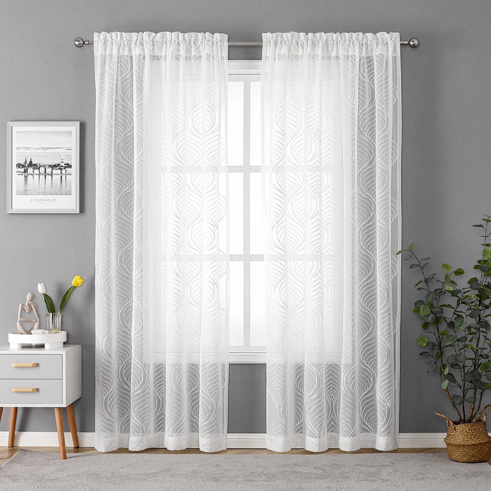 Sheer Curtains 72 Inches Long 2 Panels Set, White Moroccan Embroidery Texture…