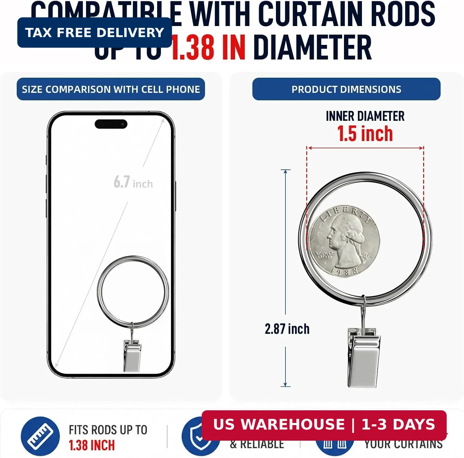 44 Pack Curtain Rings with Clips Hooks, Silver Drapery Clips with Rings Stainles