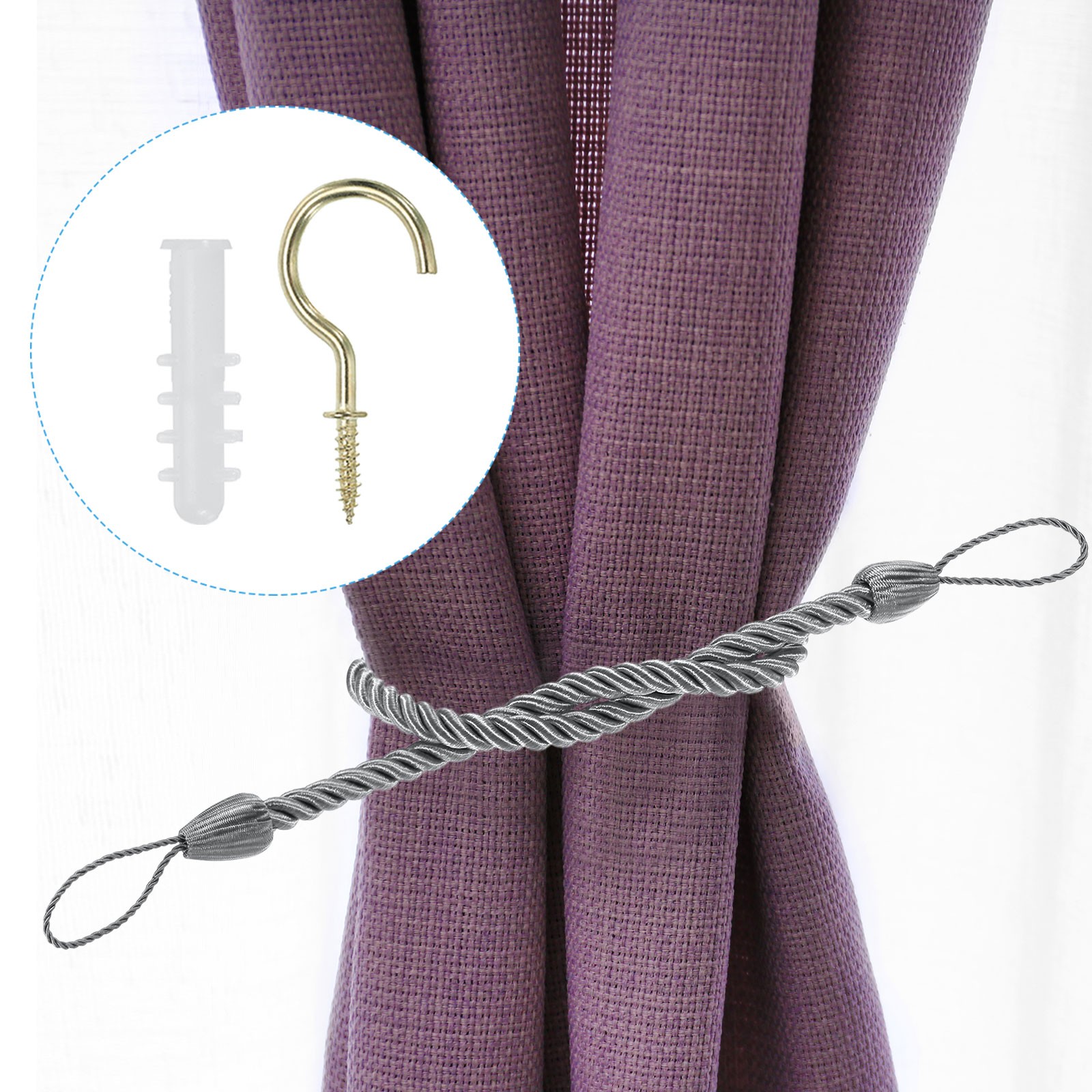 2 Set Silver Gray Curtain Tiebacks Ropes Braided Curtain Holdback