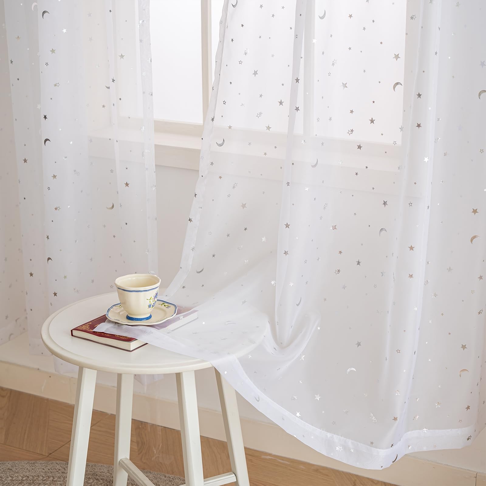 Metallic Pearl White Sheer Curtains 84 Inches Long for Living Room, Moonlight…
