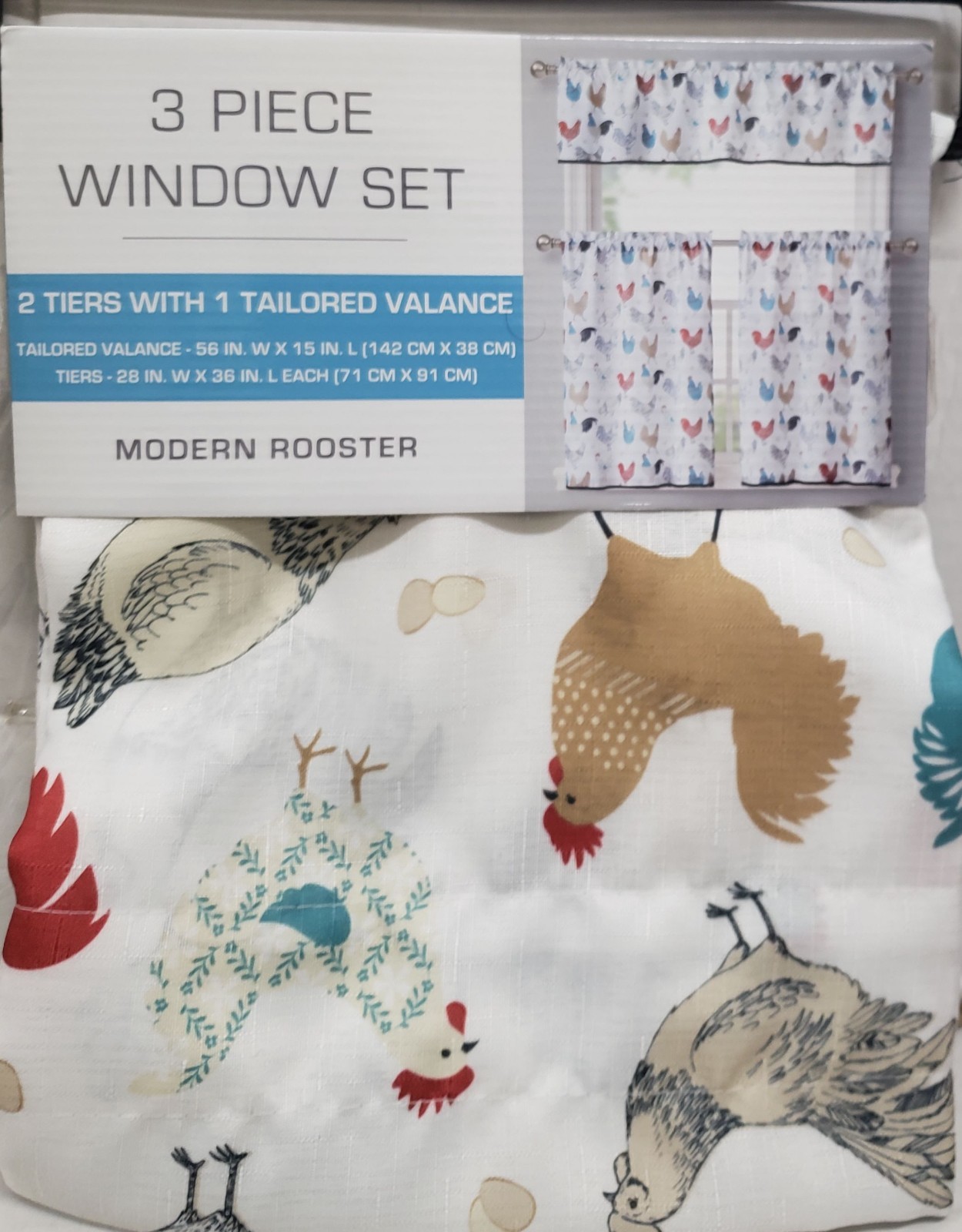 3pc Curtains Set:2 Tiers (28″x36″)& Valance (56″x15″) MULTICOLOR MODERN ROOSTERS
