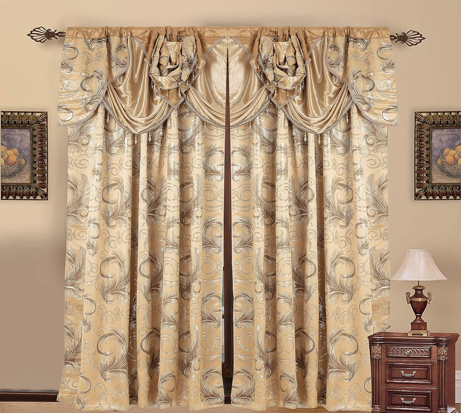 Jacquard Luxury Window 2 Panel Set Taupe Curtain with Attached Valance and Backi