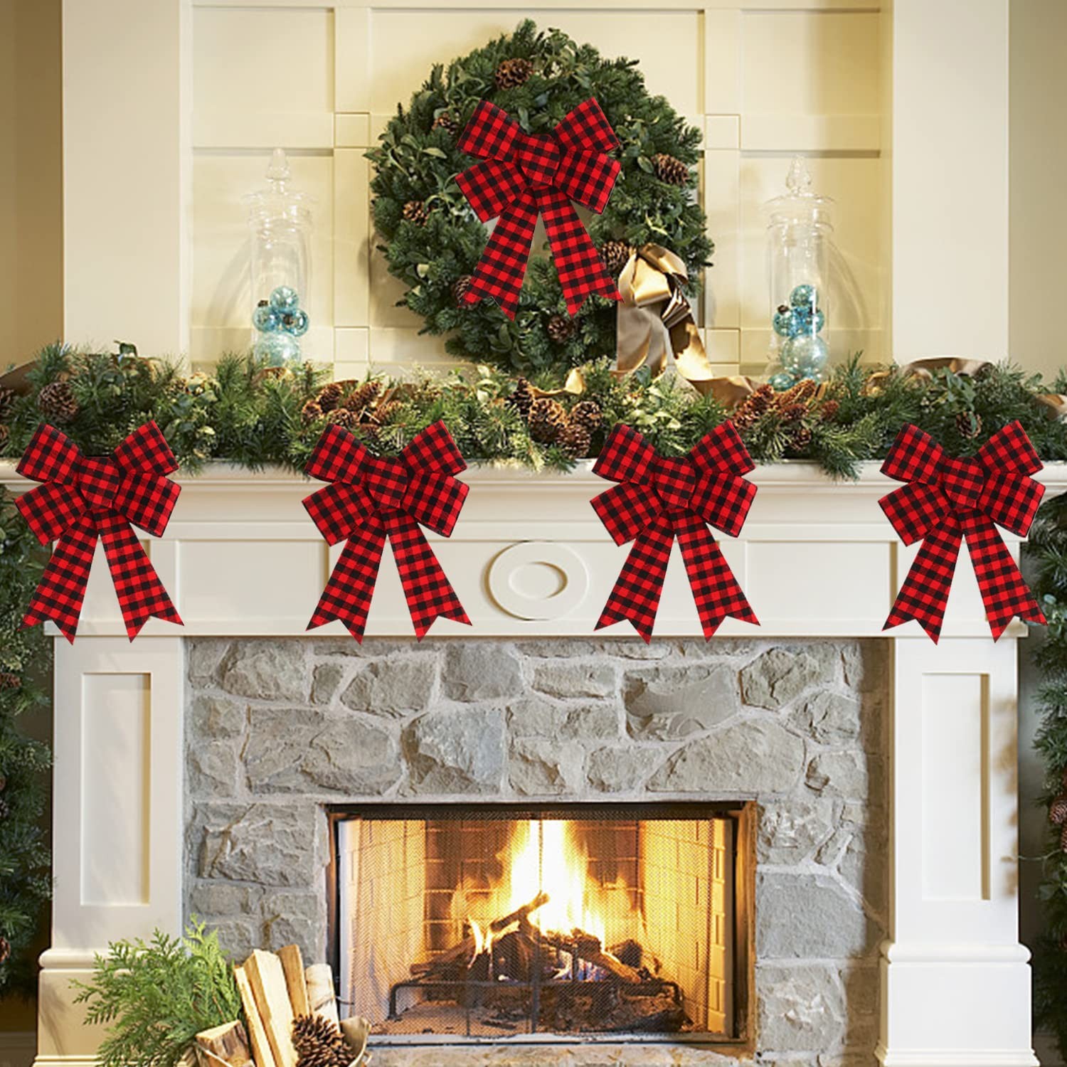 6 PCS Large Red Black Buffalo Plaid Christmas Bows 11×8 Inch Wreath Decor