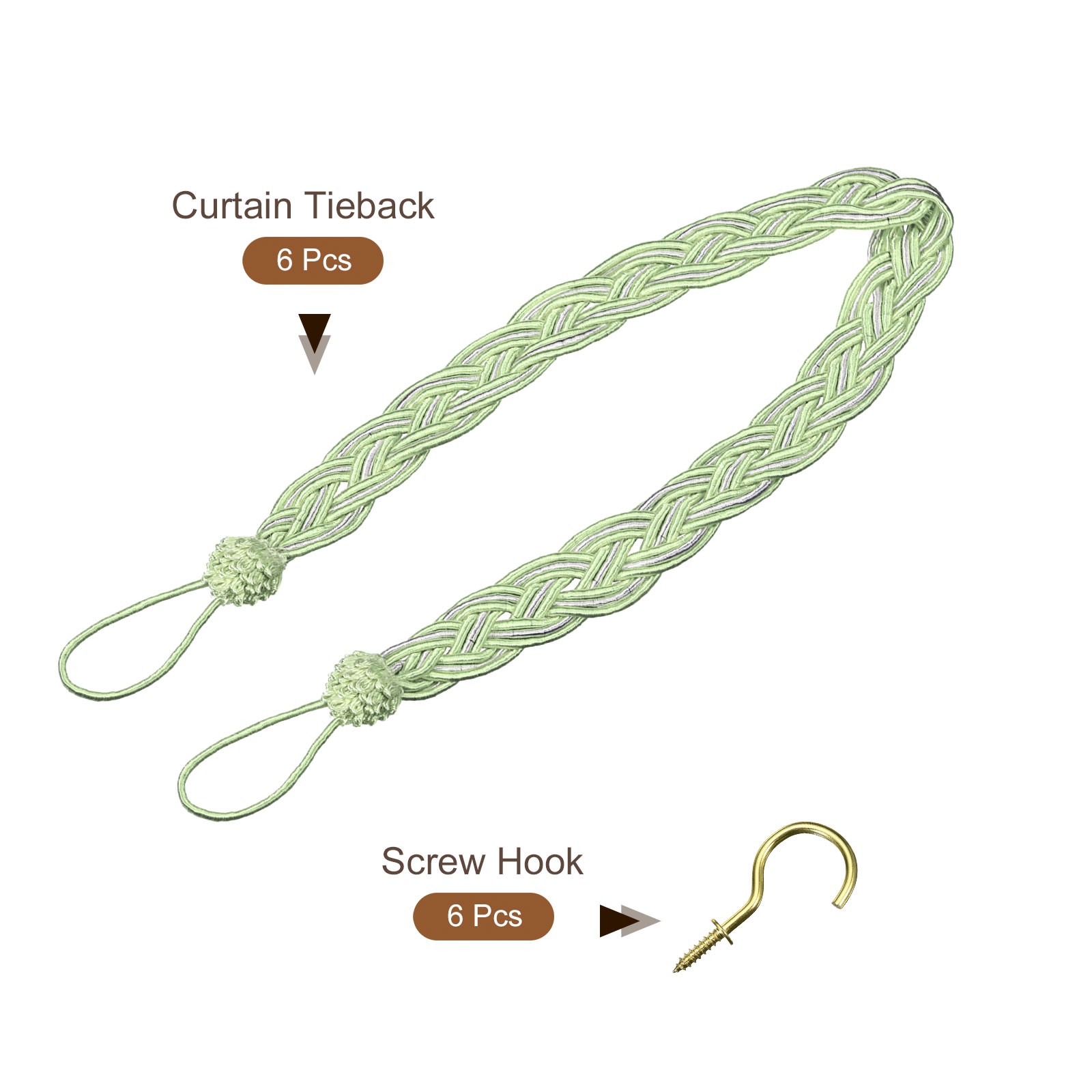 6Pcs 23″ Curtain Tiebacks Braid Drapery Holdback Holder with Hooks Green/Gold