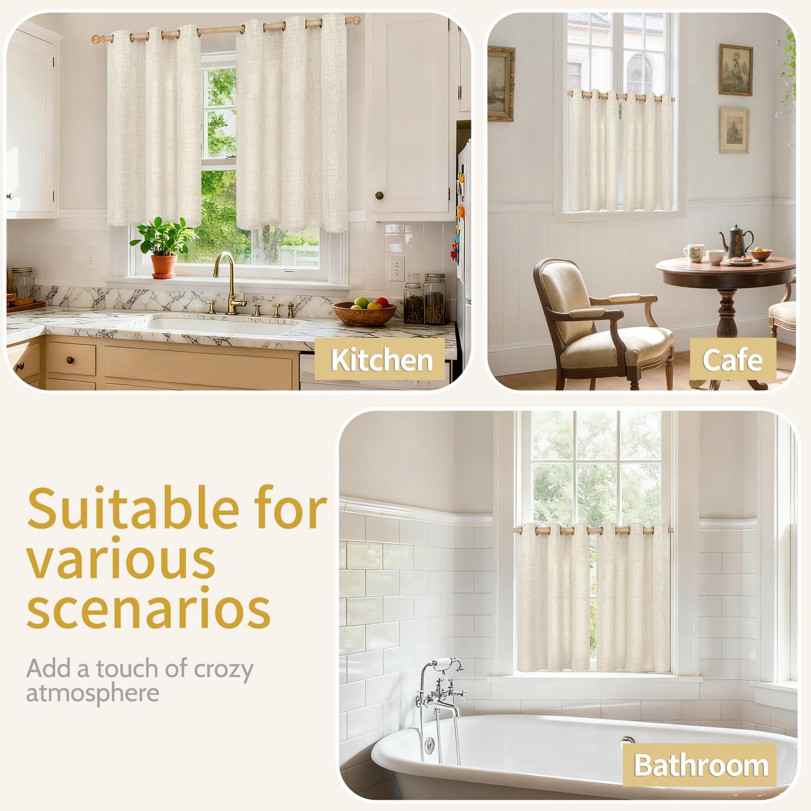 Curtains 40 Inches Long for Kitchen Cafe Window, 42″W x 40″L (Pack of 2) Linen