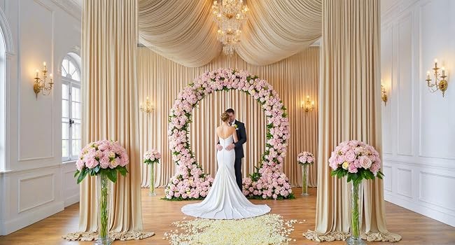 40 ft×20 ft Beige Ceiling Curtain Drapes for Weddings Parties,Wrinkle Polyester