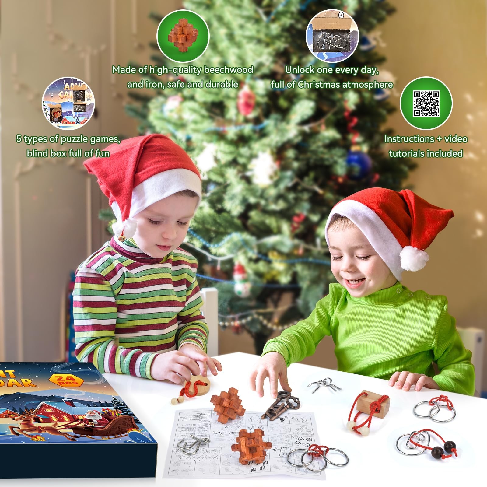 Advent Calendar 2024 Brain Teaser Puzzles for Adults Teens Kids, 24 Pcs Metal &