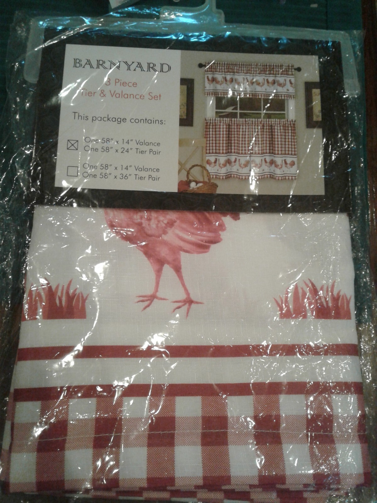 Barnyard 3 Piece Tier & Valance Set Burgundy Checkered Rooster