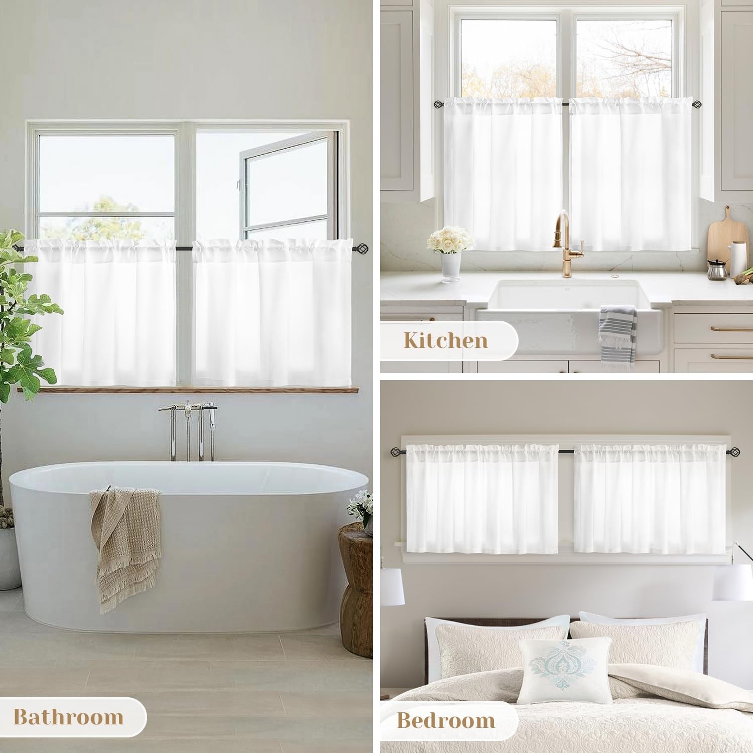 Non-See-Through White Sheer Kitchen Curtains 30 X 24 Inches Long 2 Panels Short
