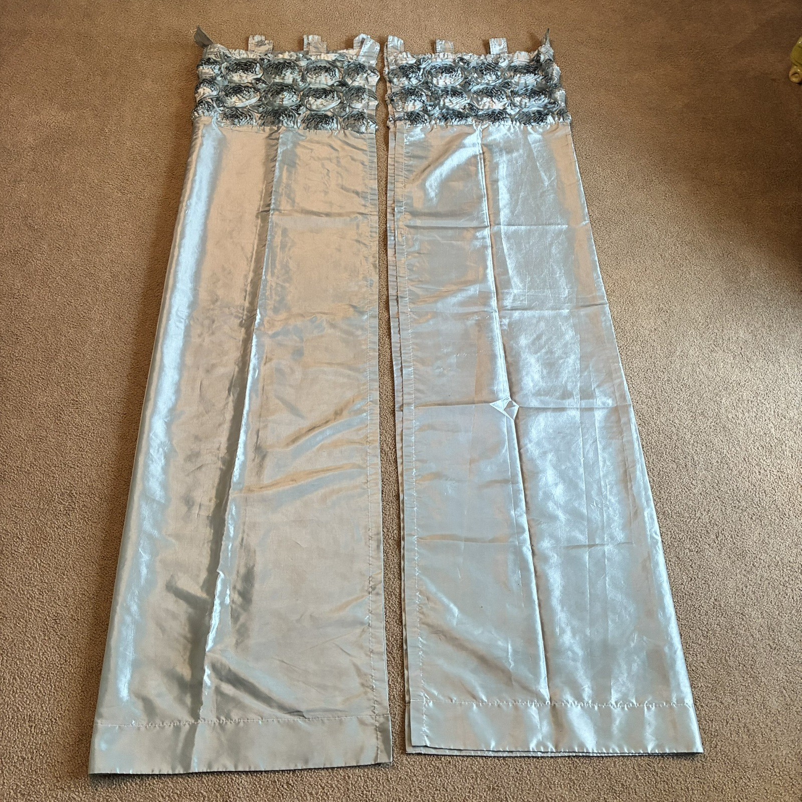 Set Of Two Teal Metallic Blue Silky Satin Curtain Panels 80×40 Inches Floral Top